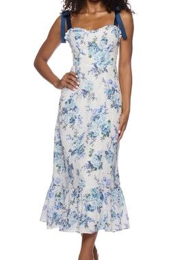Alex & Sophia Tie-Strap Printed Embroidered Eyelet Midi Dress